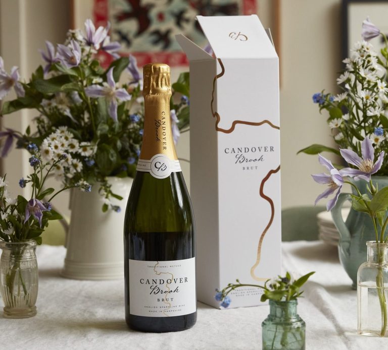 Candover Brook — brand identity and packaging Candover Brook sparkling wine bottle and illustrated presentation box